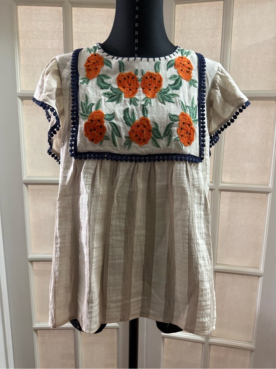 THML Tops - THML Cream Top with Orange Floral Embroidery and Navy Stitching